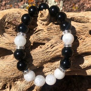 Handmade 10mm Lunar Sky Moonstone and Black Tourmaline Bracelet - 528 Hz Tunes